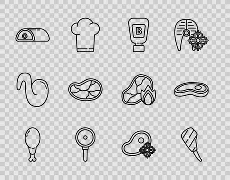 Set line Chicken leg, Rib eye steak, Sauce bottle, Frying pan, Meat, Steak .. Stock Illustration