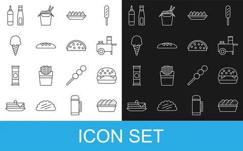 Set line Chicken nuggets in box, Burger, Fast street food cart, Nachos plate Stock Illustration