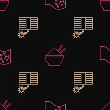 Set line China flag, Firework and Rice bowl with chopstick on seamless patter Stock Illustration