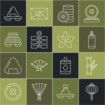 Set line Chinese paper lantern, Bamboo, Firework, Yuan currency, Sushi on Stock Illustration