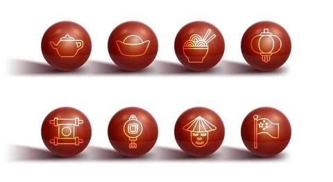 Set line Chinese tea ceremony, Decree, paper, parchment, scroll, lantern, m.. Stock Illustration