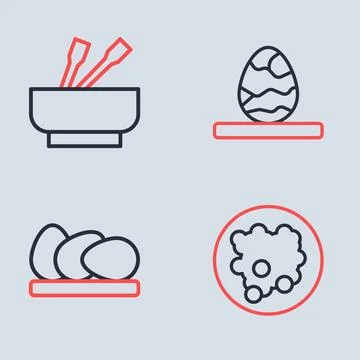 Set line Chinese tea egg, Chicken, Rice bowl and Asian noodles icon. Vector Illustrazione stock