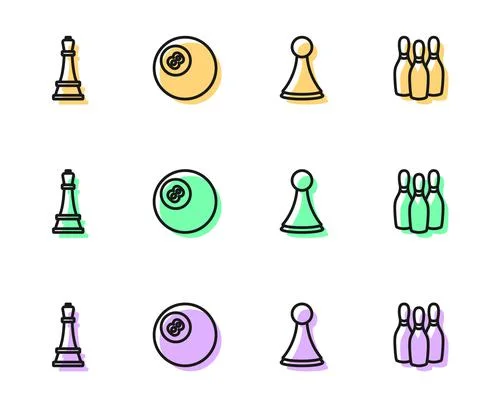 Set line Chip for board game, Chess, Billiard pool snooker ball and Bowling pin Illustrazione stock