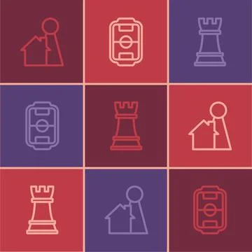 Set line Chip for board game, Chess and Table football icon. Vector Stock Illustration
