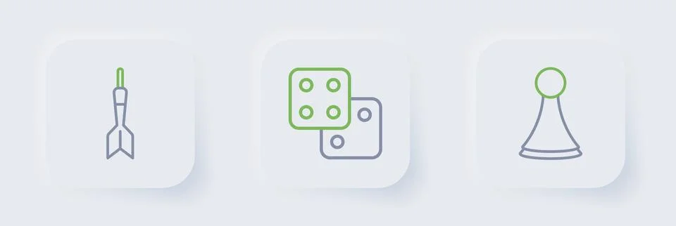 Set line Chip for board game, Game dice and Dart arrow icon. Vector Stock Illustration