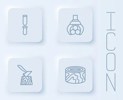 Set line Chisel tool, Grapple crane grabbed a log, Wooden axe in stump and logs Stock Illustration