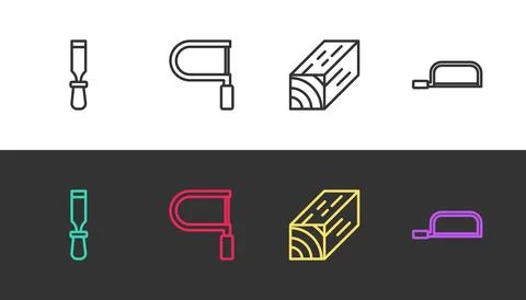 Set line Chisel tool, Hacksaw, Wooden beam and  on black and white. Vector イラスト素材