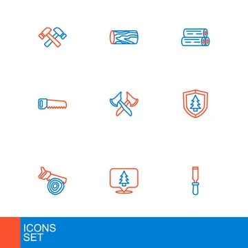 Set line Chisel tool, Location of the forest, Hand saw and log, Shield with.. Stock Illustration