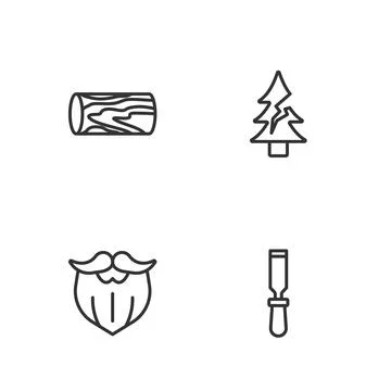 Set line Chisel tool, Mustache and beard, Wooden log and Tree icon. Vector Stock Illustration