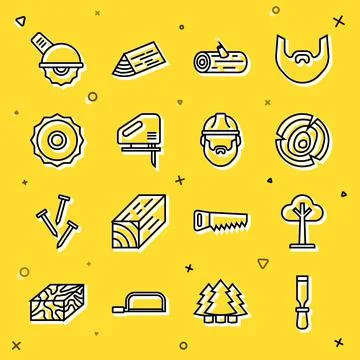 Set line Chisel tool, Tree, Wooden logs, Electric jigsaw, Circular blade イラスト素材