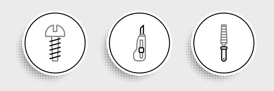 Set line Chisel tool for wood, Metallic screw and Stationery knife icon. Vector Stock Illustration
