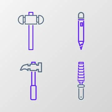 Set line Chisel tool for wood, Claw hammer, Pencil with eraser and Sledgeha.. Stock Illustration