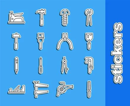 Set line Chisel tool for wood, Clamp, Putty knife, Metallic screw, Paint br.. Stock Illustration