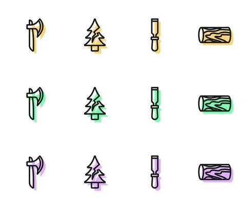 Set line Chisel tool, Wooden axe, Tree and log icon. Vector Stock Illustration