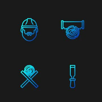 Set line Chisel tool, Wooden logs on a stand, Lumberjack and Two-handed saw イラスト素材