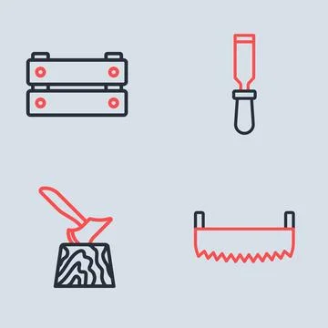 Set line Chisel tool, Wooden axe in stump, Two-handed saw and box icon. Vecto Stock Illustration