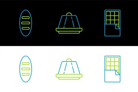 Set line Chocolate bar, Bread loaf and Pudding custard icon. Vector Illustrazione stock