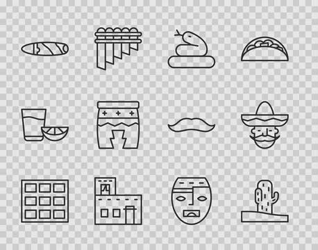 Set line Chocolate bar, Cactus, Snake, Mexican house, Cigar, Huehuetl, Azte.. Stock Illustration