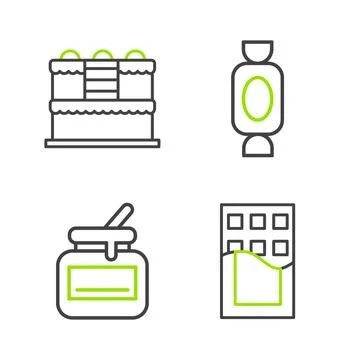 Set line Chocolate bar, Jar of honey, Candy and Cake icon. Vector Stock Illustration