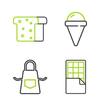Set line Chocolate bar, Kitchen apron, Ice cream in waffle cone and Bread t.. Illustrazione stock