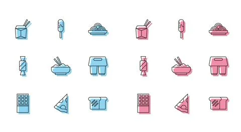 Set line Chocolate bar, Slice of pizza, Asian noodles and chopsticks, Bread イラスト素材