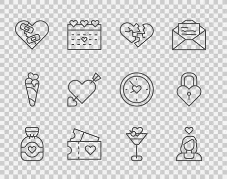 Set line Chocolate candy, Couple in love, Broken heart or divorce, Love ticket 스톡 일러스트