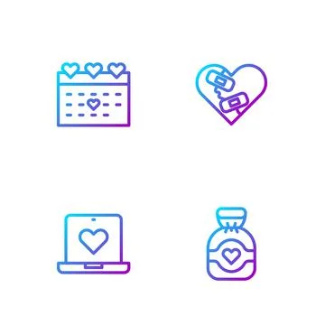 Set line Chocolate candy, Dating app online, Calendar with heart and Healed Illustrazione stock