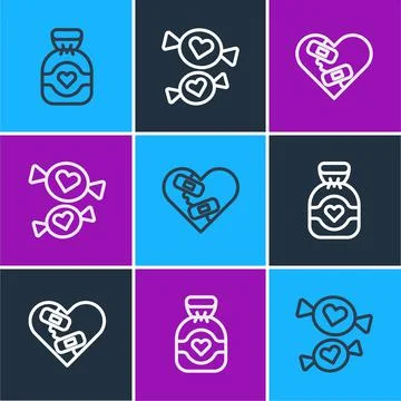 Set line Chocolate candy, Healed broken heart and Candy icon. Vector イラスト素材