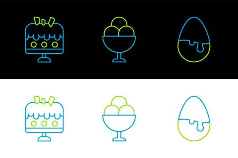 Set line Chocolate egg, Cake on plate and Ice cream in bowl icon. Vector Illustrazione stock