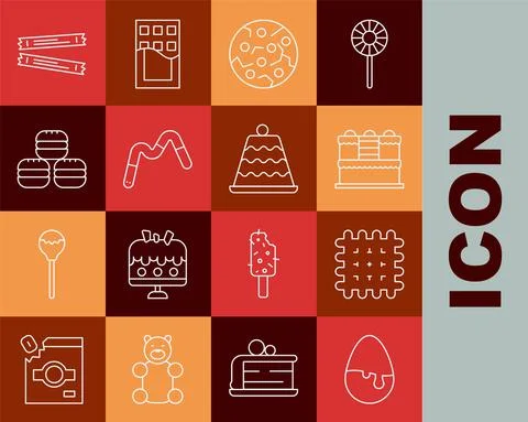 Set line Chocolate egg, Cracker biscuit, Cake, Cookie or, Jelly worms candy Illustrazione stock