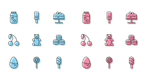Set line Chocolate egg, Lollipop, Strawberry jam jar, Ice cream, Jelly bear.. Stock Illustration