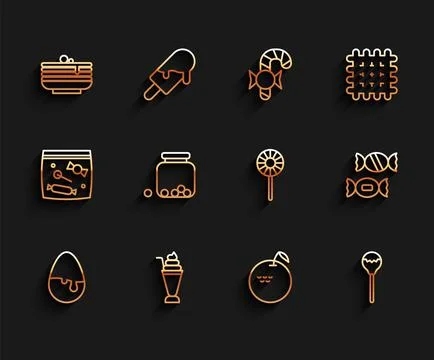 Set line Chocolate egg, Milkshake, Stack of pancakes, Apple, Lollipop, Glass jar Stock Illustration