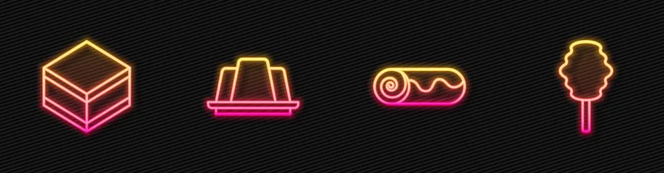 Set line Chocolate roll cake, Brownie chocolate, Jelly and Cotton candy. Glowing Stock Illustration