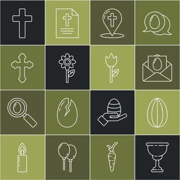 Set line Christian chalice, Easter egg, Greeting card with Happy, Map point.. Stock Illustration