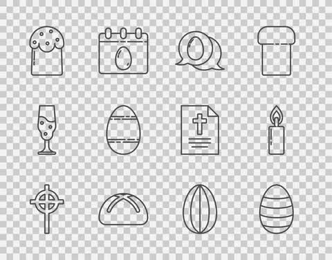 Set line Christian cross, Easter egg, Speech bubble with easter, cake, and Stock Illustration