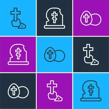 Set line Christian cross, Easter egg and Grave with tombstone icon. Vector Stock Illustration