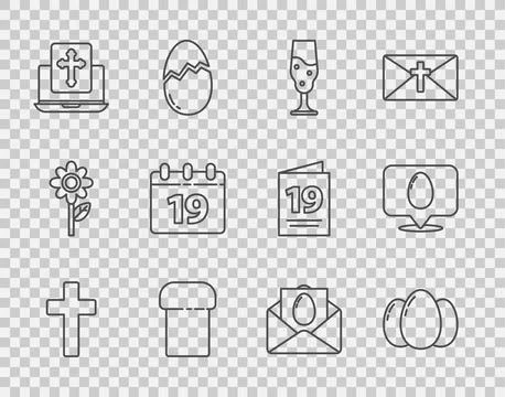 Set line Christian cross, Easter eggs, Wine glass, cake, Cross on the lapto.. Stock Illustration