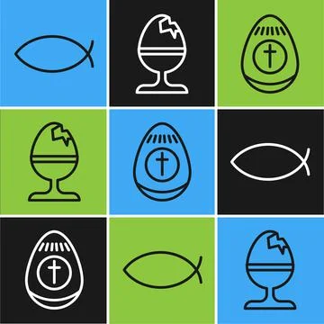 Set line Christian fish, Easter egg and Chicken egg on a stand icon. Vector Illustrazione stock