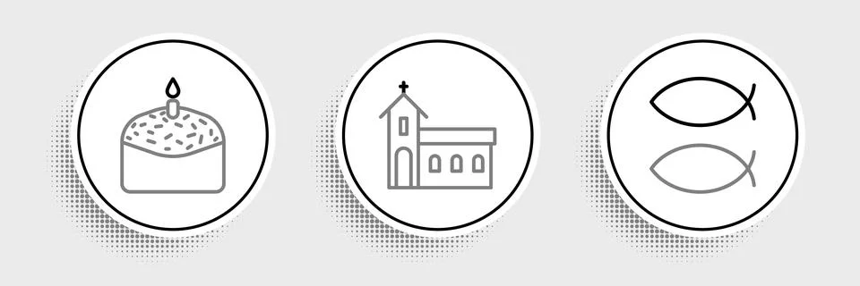 Set line Christian fish, Easter cake and candle and Church building icon. Vector Ilustración de archivo