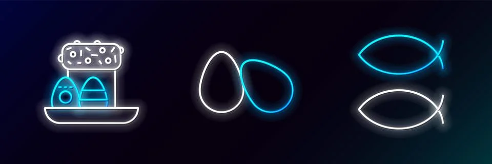 Set line Christian fish, Easter cake and eggs and  icon. Glowing neon. Vector Illustrazione stock