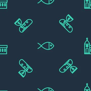Set line Christian fish, First communion symbols and Church building on seamless Stock Illustration
