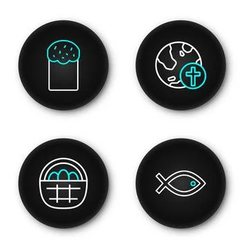Set line Christian fish symbol, Basket with easter eggs, cross globe and Ea.. Stock Illustration