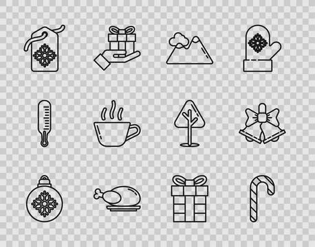 Set line Christmas ball, candy cane with stripes, Mountains, Roasted turkey.. Stock Illustration