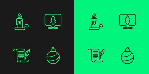 Set line Christmas ball, Envelope, Burning candle and tree icon. Vector Stock Illustration