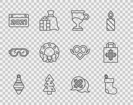 Set line Christmas ball, stocking, Mulled wine, tree, Calendar, wreath, Sno.. Stock Illustration
