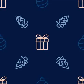 Set line Christmas ball, tree and Gift box on seamless pattern. Vector イラスト素材