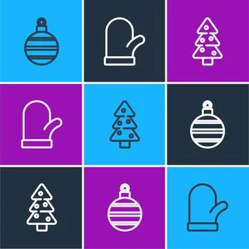 Set line Christmas ball, tree and mitten icon. Vector Stock Illustration