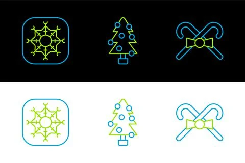 Set line Christmas candy cane, Snowflake and tree icon. Vector Stock Illustration