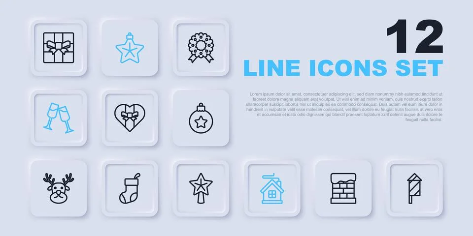 Set line Christmas chimney, Firework rocket, Gift box, Merry house, Glass o.. Illustrazione stock