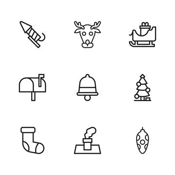 Set line Christmas chimney, tree, toy, ringing bell, santa claus sleigh, Fi.. Stock Illustration